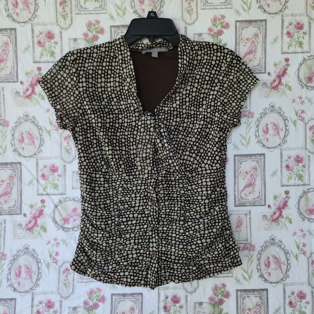 NY Collection Women Blouse S Brown Polka Dot Ruched V-Neck Short Sleeve Top
